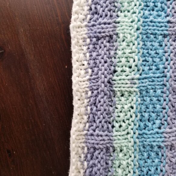 Hand Knit Blanket in Blue, Mint, and White - Picture 6 of 6